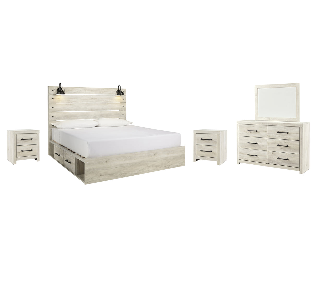 Cambeck 8-Piece King Panel Bed with 2 Storage Drawers with Mirrored Dresser and 2 Nightstands (Dresser, Bedroom Mirror, Platform King Roll Slats, Queen/King Side Storage with Rail, King Panel Footboard, King Panel Headboard, Nightstand, Nightstand)