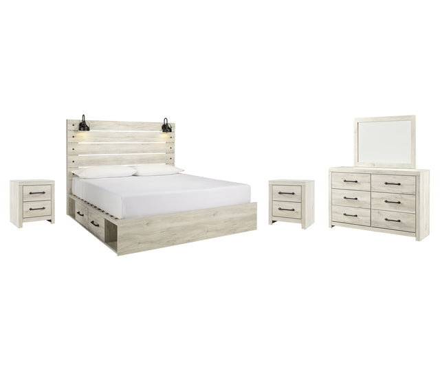 Cambeck 8-Piece King Panel Bed with 2 Storage Drawers with Mirrored Dresser and 2 Nightstands (Dresser, Bedroom Mirror, Platform King Roll Slats, Queen/King Side Storage with Rail, King Panel Footboard, King Panel Headboard, Nightstand, Nightstand)