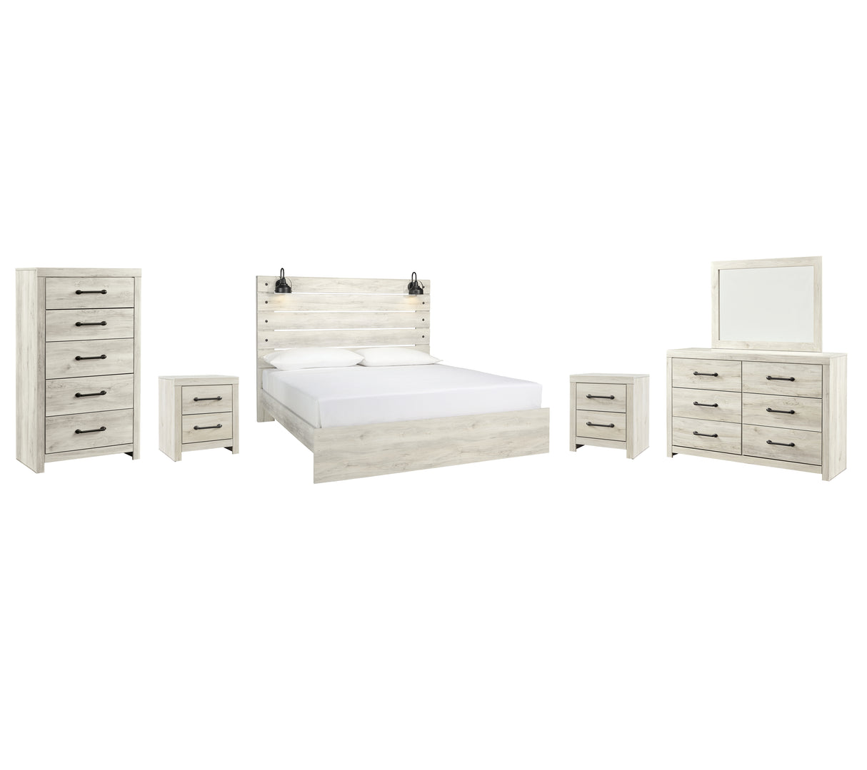 Cambeck 8-Piece King Panel Bed with Mirrored Dresser, Chest and 2 Nightstands (Chest of Drawers, Nightstand, Nightstand, Dresser, Bedroom Mirror, King Panel Footboard, King Panel Headboard, King Panel Rails)