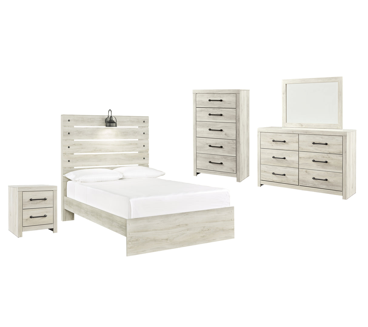Cambeck 7-Piece Full Panel Bed with Mirrored Dresser, Chest and Nightstand (Chest of Drawers, Nightstand, Dresser, Bedroom Mirror, Full Panel Footboard, Full Panel Rails, Full Panel Headboard)