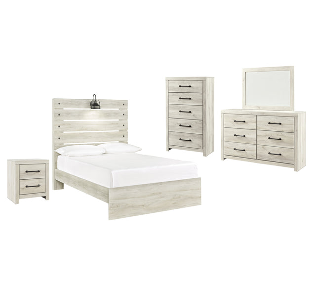 Cambeck 7-Piece Full Panel Bed with Mirrored Dresser, Chest and Nightstand (Chest of Drawers, Nightstand, Dresser, Bedroom Mirror, Full Panel Footboard, Full Panel Rails, Full Panel Headboard)