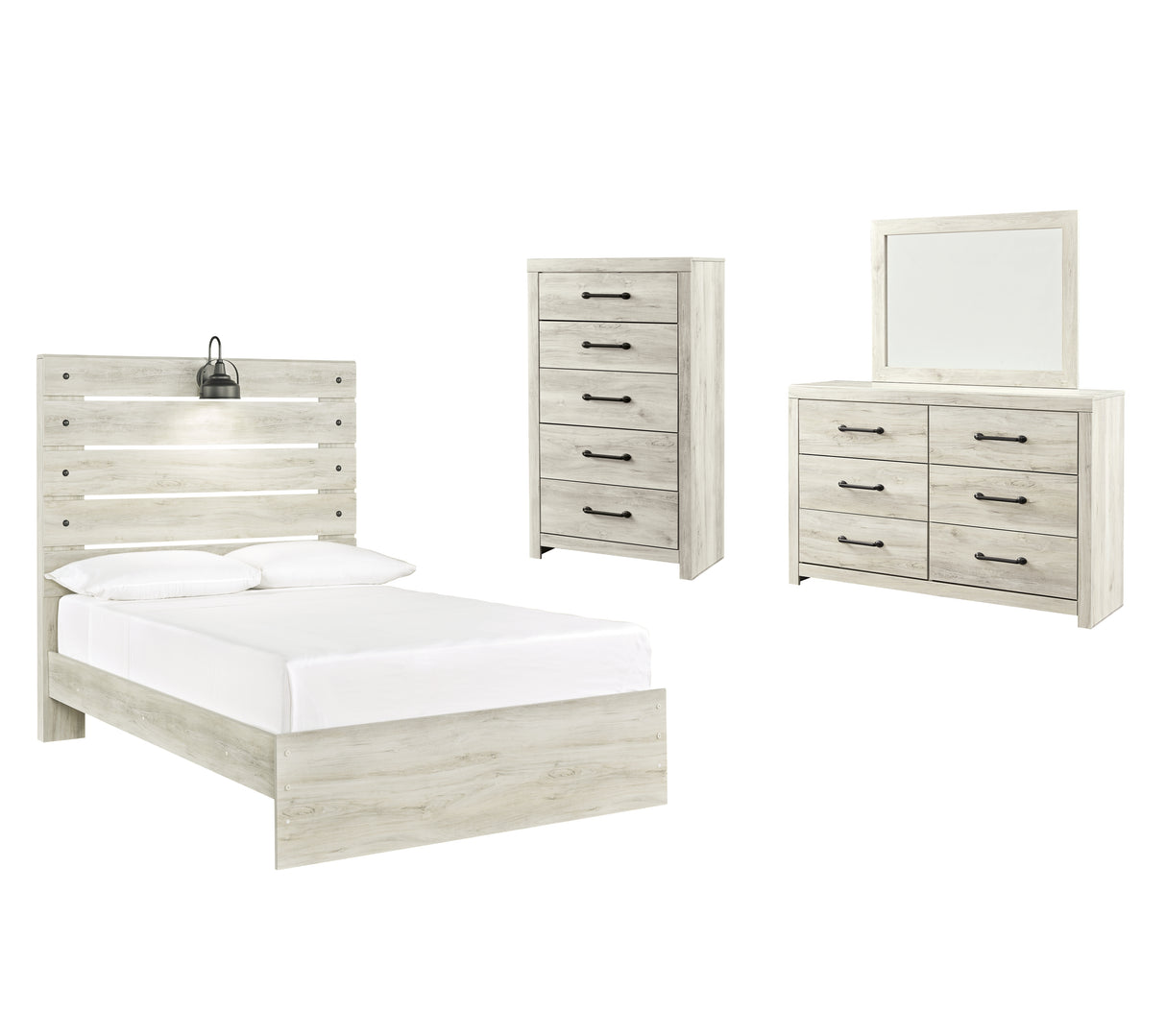 Cambeck 6-Piece Full Panel Bed with Mirrored Dresser and Chest (Chest of Drawers, Dresser, Bedroom Mirror, Full Panel Footboard, Full Panel Rails, Full Panel Headboard)
