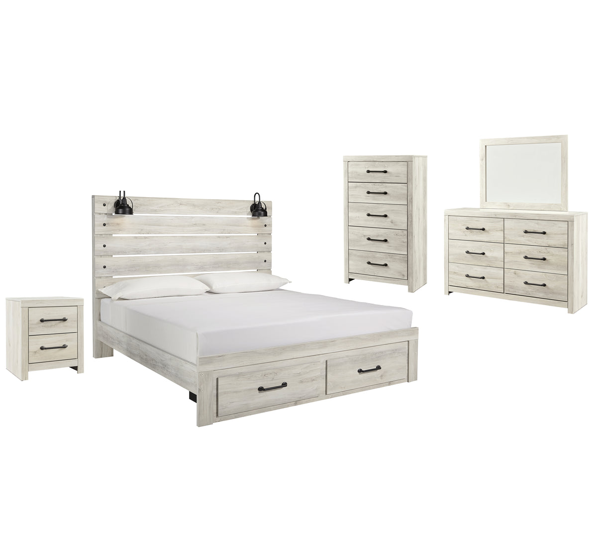 Cambeck 7-Piece King Panel Bed with 2 Storage Drawers with Mirrored Dresser, Chest and Nightstand (Chest of Drawers, Nightstand, Dresser, Bedroom Mirror, King Storage Footboard, King Panel Headboard, King Panel Rails)