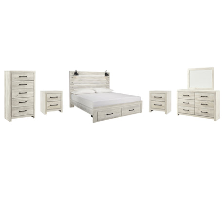 Cambeck 8-Piece King Panel Bed with 2 Storage Drawers with Mirrored Dresser, Chest and 2 Nightstands (Dresser, Bedroom Mirror, King Storage Footboard, King Panel Headboard, King Panel Rails, Chest of Drawers, Nightstand, Nightstand)