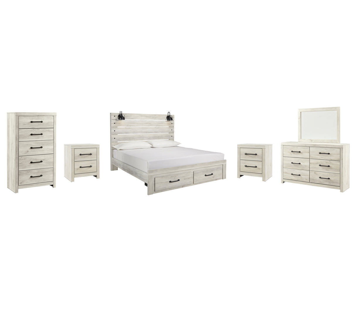 Cambeck 8-Piece King Panel Bed with 2 Storage Drawers with Mirrored Dresser, Chest and 2 Nightstands (Dresser, Bedroom Mirror, King Storage Footboard, King Panel Headboard, King Panel Rails, Chest of Drawers, Nightstand, Nightstand)