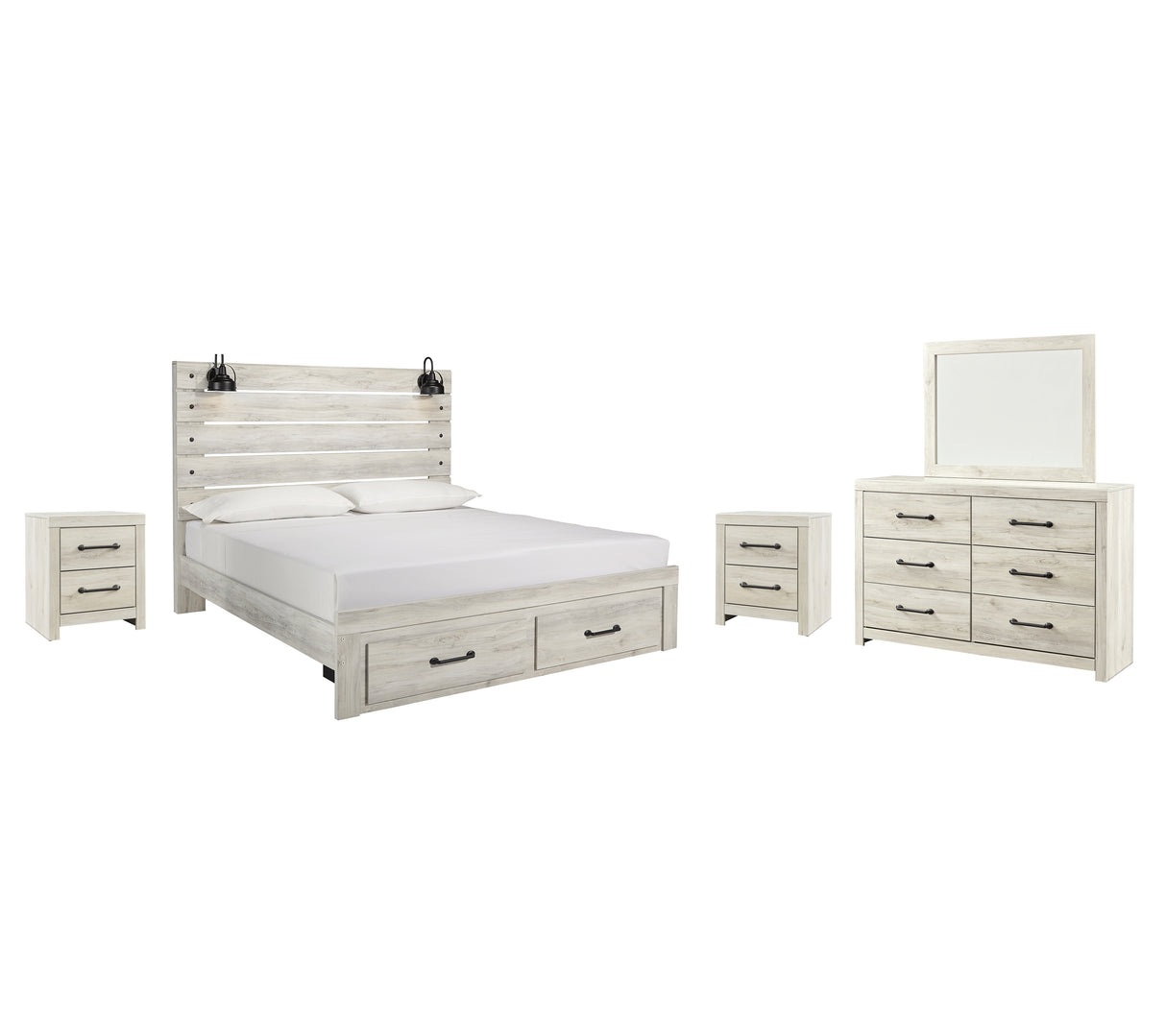 Cambeck 7-Piece King Panel Bed with 2 Storage Drawers with Mirrored Dresser and 2 Nightstands (Dresser, Bedroom Mirror, King Storage Footboard, King Panel Headboard, King Panel Rails, Nightstand, Nightstand)