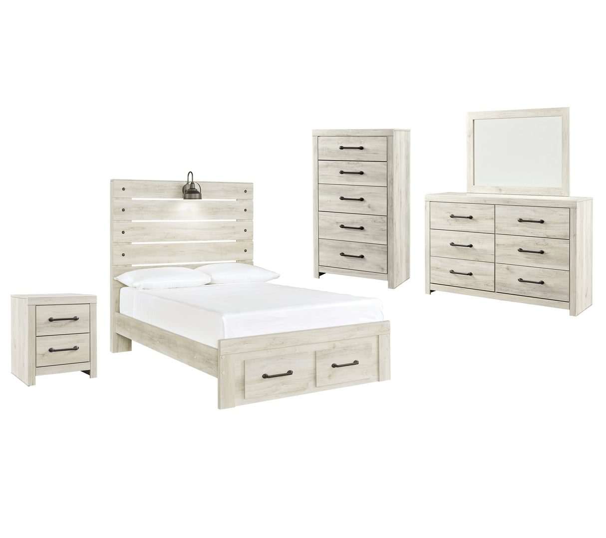 Cambeck 7-Piece Full Panel Bed with 2 Storage Drawers with Mirrored Dresser, Chest and Nightstand (Chest of Drawers, Nightstand, Full Storage Footboard, Full Panel Rails, Full Panel Headboard, Dresser, Bedroom Mirror)