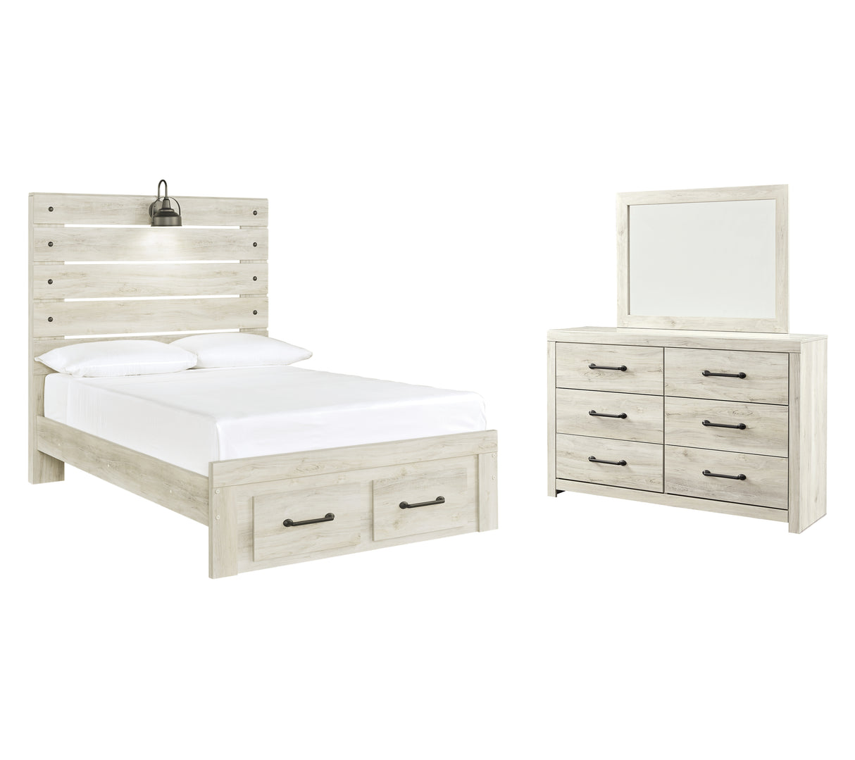 Cambeck 5-Piece Full Panel Bed with 2 Storage Drawers with Mirrored Dresser (Dresser, Bedroom Mirror, Full Storage Footboard, Full Panel Rails, Full Panel Headboard)