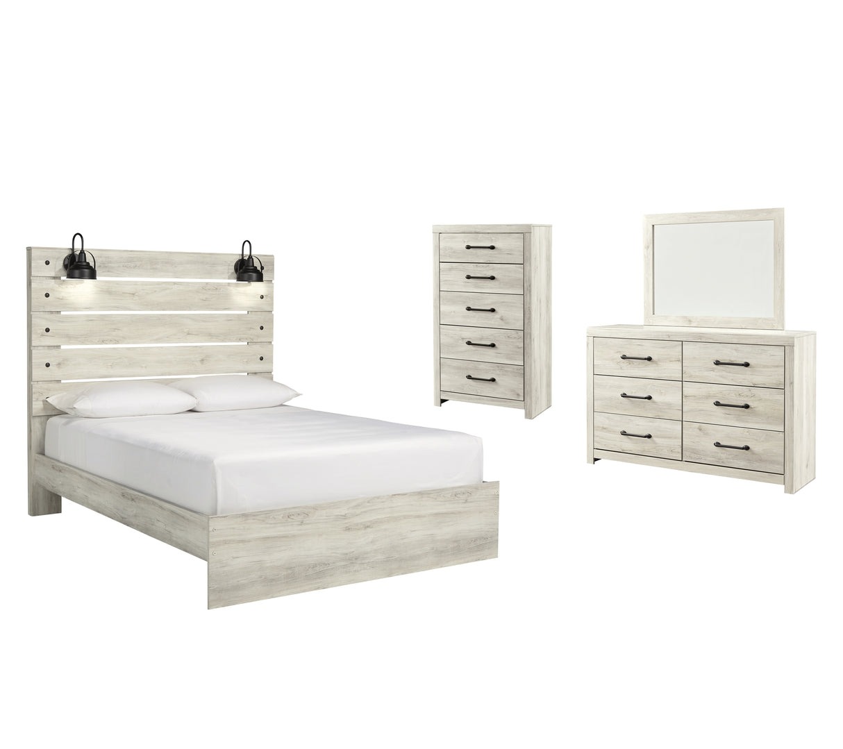 Cambeck 6-Piece Queen Panel Bed with Mirrored Dresser and Chest (Chest of Drawers, Dresser, Bedroom Mirror, Queen Panel Footboard, Queen Panel Headboard, Queen Panel Rails)