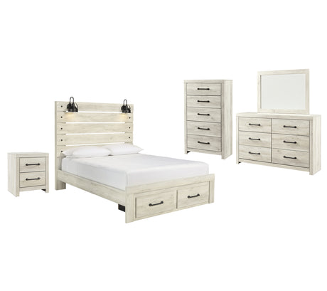 Cambeck 7-Piece Queen Panel Bed with 2 Storage Drawers with Mirrored Dresser, Chest and Nightstand (Chest of Drawers, Nightstand, Dresser, Bedroom Mirror, Queen Storage Footboard, Queen Panel Headboard, Queen Panel Rails)