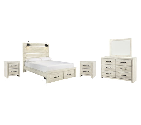 Cambeck 7-Piece Queen Panel Bed with 2 Storage Drawers with Mirrored Dresser and 2 Nightstands (Nightstand, Nightstand, Dresser, Bedroom Mirror, Queen Storage Footboard, Queen Panel Headboard, Queen Panel Rails)