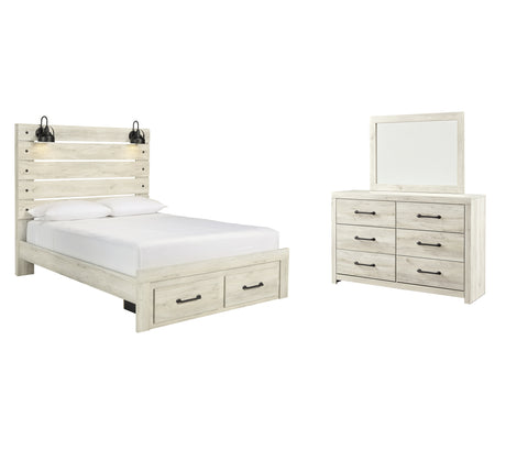 Cambeck 5-Piece Queen Panel Bed with 2 Storage Drawers with Mirrored Dresser (Dresser, Bedroom Mirror, Queen Storage Footboard, Queen Panel Headboard, Queen Panel Rails)