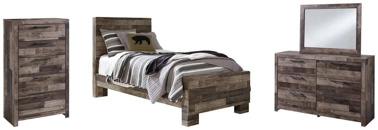 Derekson 6-Piece Twin Panel Bed with Mirrored Dresser and Chest (Twin Panel Footboard, Twin Panel Headboard, Twin Panel Rails, Dresser, Bedroom Mirror, Chest of Drawers)