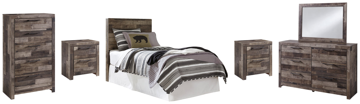 Derekson 6-Piece Twin Panel Headboard with Mirrored Dresser, Chest and 2 Nightstands (Twin Panel Headboard, Dresser, Bedroom Mirror, Chest of Drawers, Nightstand, Nightstand)