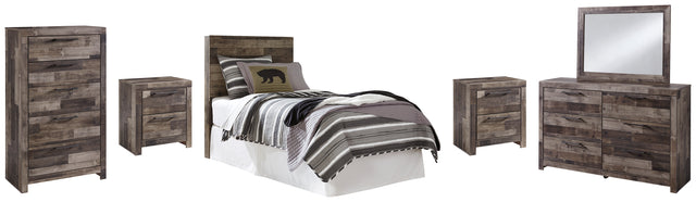 Derekson 6-Piece Twin Panel Headboard with Mirrored Dresser, Chest and 2 Nightstands (Twin Panel Headboard, Dresser, Bedroom Mirror, Chest of Drawers, Nightstand, Nightstand)