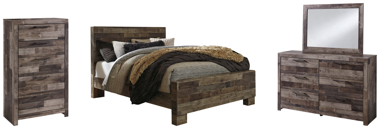 Derekson 6-Piece Queen Panel Bed with Mirrored Dresser and Chest (Queen Panel Footboard, Queen Panel Headboard, Queen Panel Rails, Dresser, Bedroom Mirror, Chest of Drawers)