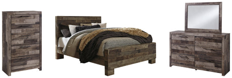 Derekson 6-Piece Queen Panel Bed with Mirrored Dresser and Chest (Queen Panel Footboard, Queen Panel Headboard, Queen Panel Rails, Dresser, Bedroom Mirror, Chest of Drawers)