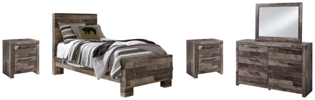 Derekson 7-Piece Twin Panel Bed with Mirrored Dresser and 2 Nightstands (Twin Panel Footboard, Twin Panel Headboard, Twin Panel Rails, Dresser, Bedroom Mirror, Nightstand, Nightstand)