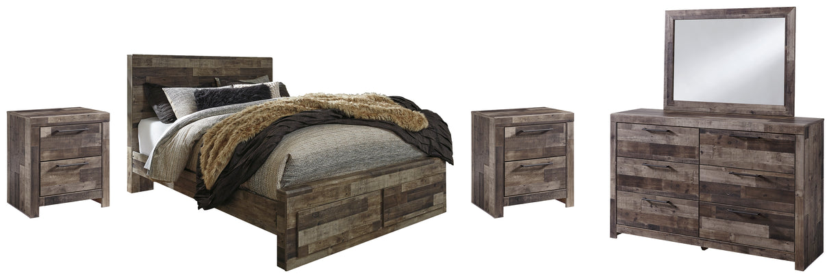 Derekson 8-Piece Queen Panel Bed with 2 Storage Drawers with Mirrored Dresser, Chest and Nightstand (Platform Queen Roll Slats, Queen Panel Headboard, Queen Storage Footboard, Queen/King Platform Rails, Dresser, Bedroom Mirror, Nightstand, Nightstand)