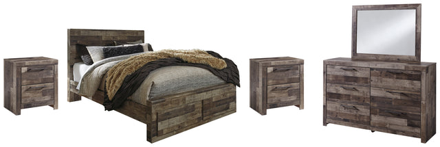 Derekson 8-Piece Queen Panel Bed with 2 Storage Drawers with Mirrored Dresser, Chest and Nightstand (Platform Queen Roll Slats, Queen Panel Headboard, Queen Storage Footboard, Queen/King Platform Rails, Dresser, Bedroom Mirror, Nightstand, Nightstand)
