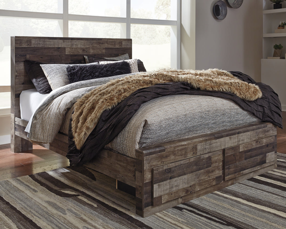 Derekson 5-Piece Queen Panel Bed with 2 Storage Drawers with Dresser (Platform Queen Roll Slats, Queen Panel Headboard, Queen Storage Footboard, Queen/King Platform Rails, Dresser)