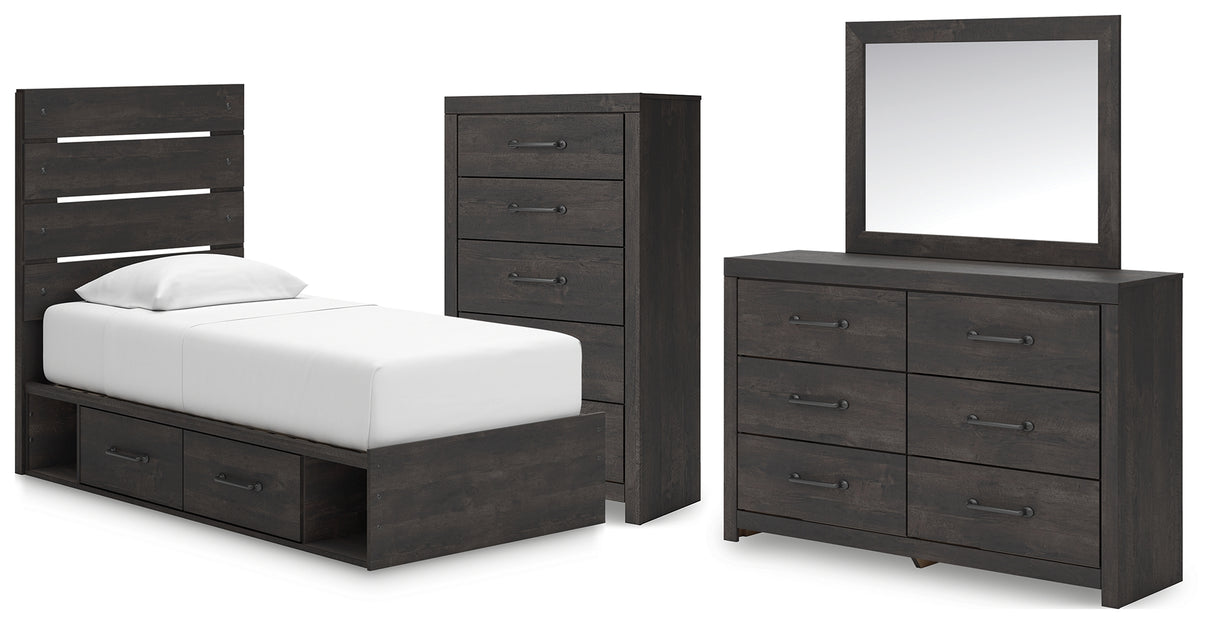 Hollivern 7-Piece Twin Panel Bed with Storage with Mirrored Dresser and Chest (Platform Twin Roll Slats, Twin/Full Under Bed Storage, Twin/Full Under Bed Storage, Twin Panel Headboard/Footboard, Dresser, Bedroom Mirror, Chest of Drawers)