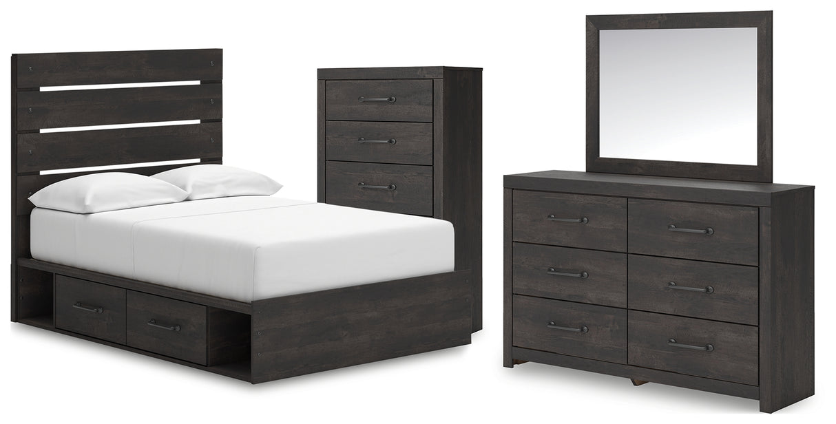 Hollivern 7-Piece Full Panel Bed with Storage with Mirrored Dresser and Chest (Platform Full Roll Slats, Twin/Full Under Bed Storage, Twin/Full Under Bed Storage, Full Panel Headboard/Footboard, Dresser, Bedroom Mirror, Chest of Drawers)