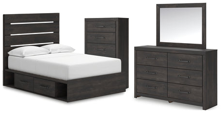 Hollivern 7-Piece Full Panel Bed with Storage with Mirrored Dresser and Chest (Platform Full Roll Slats, Twin/Full Under Bed Storage, Twin/Full Under Bed Storage, Full Panel Headboard/Footboard, Dresser, Bedroom Mirror, Chest of Drawers)