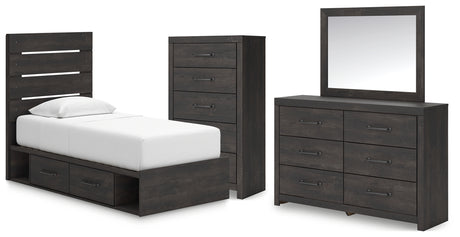 Hollivern 7-Piece Twin Panel Bed with Storage with Mirrored Dresser and Chest (Platform Twin Roll Slats, Twin/Full Under Bed Storage, Twin/Full Under Bed Storage, Twin Panel Headboard/Footboard, Dresser, Bedroom Mirror, Chest of Drawers)