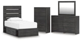 Hollivern 6-Piece Twin Panel Storage Bed with Mirrored Dresser and Chest (Platform Twin Roll Slats, Twin/Full Side Storage with Rail, Twin Panel Headboard/Footboard, Dresser, Bedroom Mirror, Chest of Drawers)