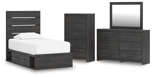 Hollivern 6-Piece Twin Panel Storage Bed with Mirrored Dresser and Chest (Platform Twin Roll Slats, Twin/Full Side Storage with Rail, Twin Panel Headboard/Footboard, Dresser, Bedroom Mirror, Chest of Drawers)