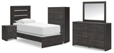 Hollivern 6-Piece Twin Panel Bed with Mirrored Dresser, Chest and Nightstand (Twin Panel Headboard/Footboard, Twin Panel Rails, Dresser, Bedroom Mirror, Chest of Drawers, Nightstand)
