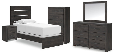 Hollivern 6-Piece Twin Panel Bed with Mirrored Dresser, Chest and Nightstand (Twin Panel Headboard/Footboard, Twin Panel Rails, Dresser, Bedroom Mirror, Chest of Drawers, Nightstand)
