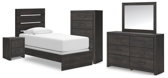 Hollivern 6-Piece Twin Panel Bed with Mirrored Dresser, Chest and Nightstand (Twin Panel Headboard/Footboard, Twin Panel Rails, Dresser, Bedroom Mirror, Chest of Drawers, Nightstand)