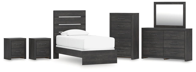 Hollivern 7-Piece Twin Panel Bed with Mirrored Dresser, Chest and 2 Nightstands (Twin Panel Headboard/Footboard, Twin Panel Rails, Dresser, Bedroom Mirror, Chest of Drawers, Nightstand, Nightstand)
