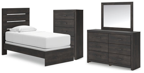 Hollivern 5-Piece Twin Panel Bed with Mirrored Dresser and Chest (Twin Panel Headboard/Footboard, Twin Panel Rails, Dresser, Bedroom Mirror, Chest of Drawers)
