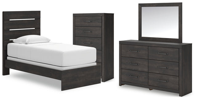 Hollivern 5-Piece Twin Panel Bed with Mirrored Dresser and Chest (Twin Panel Headboard/Footboard, Twin Panel Rails, Dresser, Bedroom Mirror, Chest of Drawers)