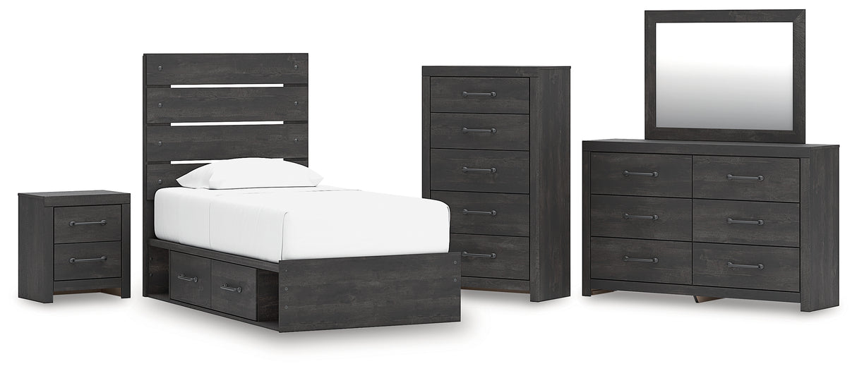 Hollivern 7-Piece Twin Panel Storage Bed with Mirrored Dresser, Chest and Nightstand (Platform Twin Roll Slats, Twin/Full Side Storage with Rail, Twin Panel Headboard/Footboard, Dresser, Bedroom Mirror, Chest of Drawers, Nightstand)