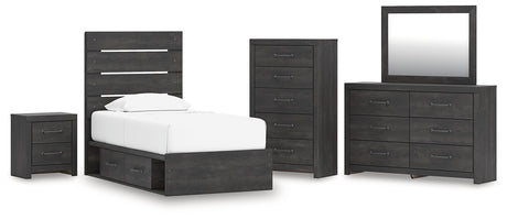 Hollivern 7-Piece Twin Panel Storage Bed with Mirrored Dresser, Chest and Nightstand (Platform Twin Roll Slats, Twin/Full Side Storage with Rail, Twin Panel Headboard/Footboard, Dresser, Bedroom Mirror, Chest of Drawers, Nightstand)