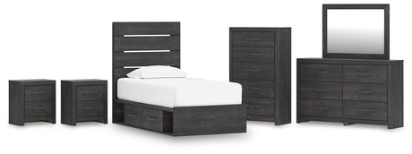 Hollivern 8-Piece Twin Panel Storage Bed with Mirrored Dresser, Chest and 2 Nightstands (Platform Twin Roll Slats, Twin/Full Side Storage with Rail, Twin Panel Headboard/Footboard, Dresser, Bedroom Mirror, Chest of Drawers, Nightstand, Nightstand)