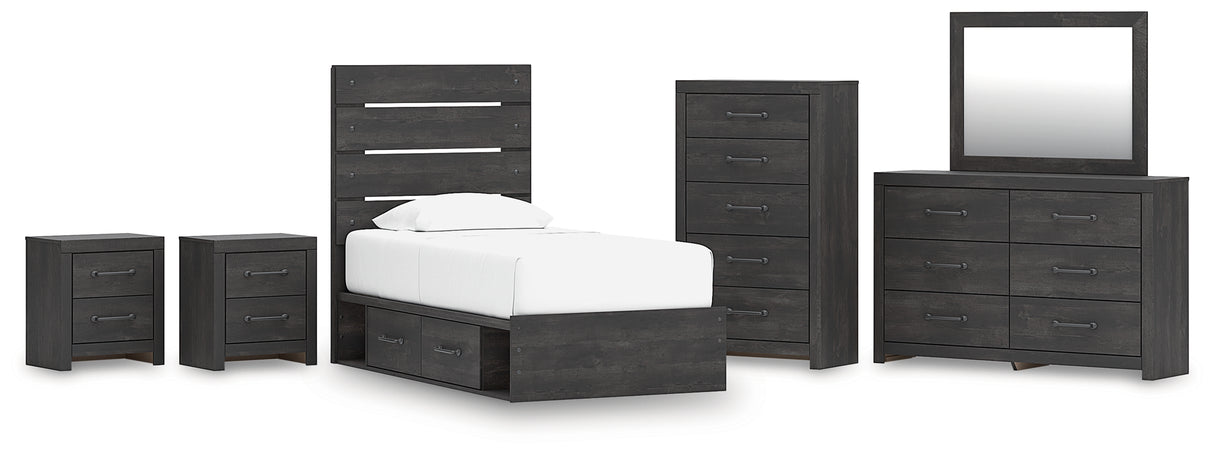 Hollivern 8-Piece Twin Panel Storage Bed with Mirrored Dresser, Chest and 2 Nightstands (Platform Twin Roll Slats, Twin/Full Side Storage with Rail, Twin Panel Headboard/Footboard, Dresser, Bedroom Mirror, Chest of Drawers, Nightstand, Nightstand)
