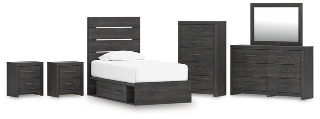 Hollivern 8-Piece Twin Panel Storage Bed with Mirrored Dresser, Chest and 2 Nightstands (Platform Twin Roll Slats, Twin/Full Side Storage with Rail, Twin Panel Headboard/Footboard, Dresser, Bedroom Mirror, Chest of Drawers, Nightstand, Nightstand)