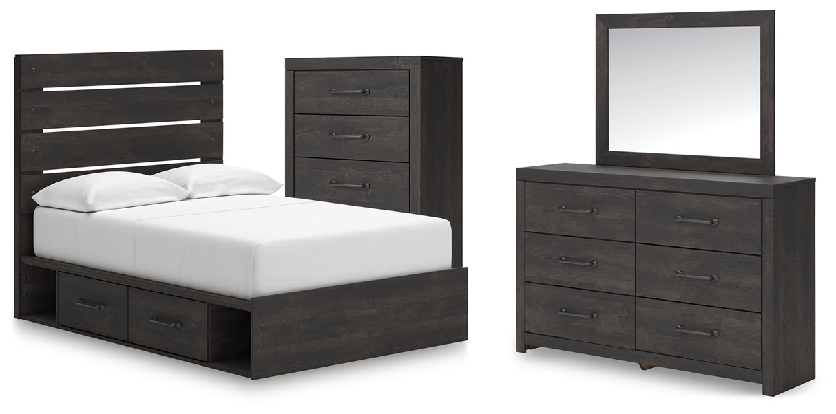 Hollivern 6-Piece Full Panel Bed with Storage with Mirrored Dresser and Chest (Platform Full Roll Slats, Twin/Full Side Storage with Rail, Full Panel Headboard/Footboard, Dresser, Bedroom Mirror, Chest of Drawers)
