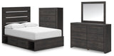 Hollivern 6-Piece Full Panel Bed with Storage with Mirrored Dresser and Chest (Platform Full Roll Slats, Twin/Full Side Storage with Rail, Full Panel Headboard/Footboard, Dresser, Bedroom Mirror, Chest of Drawers)