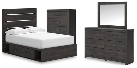 Hollivern 6-Piece Full Panel Bed with Storage with Mirrored Dresser and Chest (Platform Full Roll Slats, Twin/Full Side Storage with Rail, Full Panel Headboard/Footboard, Dresser, Bedroom Mirror, Chest of Drawers)