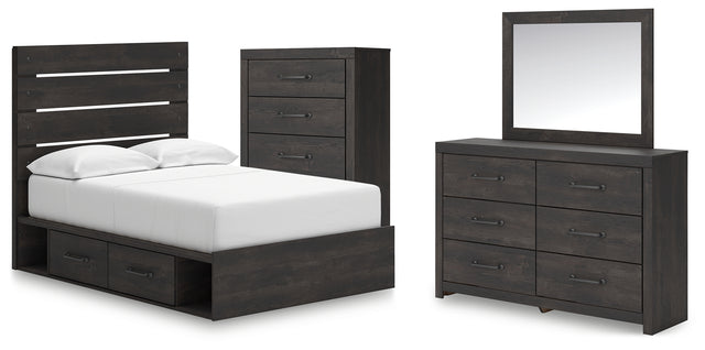 Hollivern 6-Piece Full Panel Bed with Storage with Mirrored Dresser and Chest (Platform Full Roll Slats, Twin/Full Side Storage with Rail, Full Panel Headboard/Footboard, Dresser, Bedroom Mirror, Chest of Drawers)