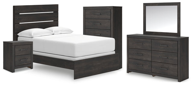 Hollivern 6-Piece Full Panel Bed with Mirrored Dresser, Chest and Nightstand (Full Panel Headboard/Footboard, Full Panel Rails, Dresser, Bedroom Mirror, Chest of Drawers, Nightstand)