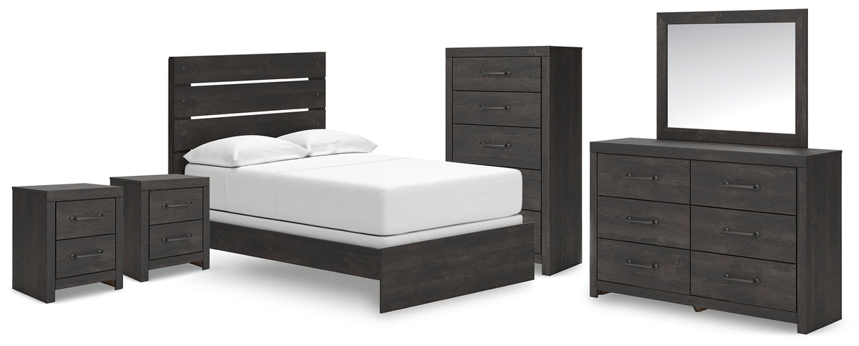 Hollivern 7-Piece Full Panel Bed with Mirrored Dresser, Chest and 2 Nightstands (Full Panel Headboard/Footboard, Full Panel Rails, Dresser, Bedroom Mirror, Chest of Drawers, Nightstand, Nightstand)