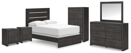 Hollivern 7-Piece Full Panel Bed with Mirrored Dresser, Chest and 2 Nightstands (Full Panel Headboard/Footboard, Full Panel Rails, Dresser, Bedroom Mirror, Chest of Drawers, Nightstand, Nightstand)