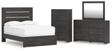 Hollivern 5-Piece Full Panel Bed with Mirrored Dresser and Chest (Full Panel Headboard/Footboard, Full Panel Rails, Dresser, Bedroom Mirror, Chest of Drawers)